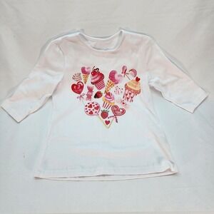 Girls White Heart Candy Graphic T-Shirt 5Y-6Y 65% Cotton 3/4 Sleeve Crew Neck
